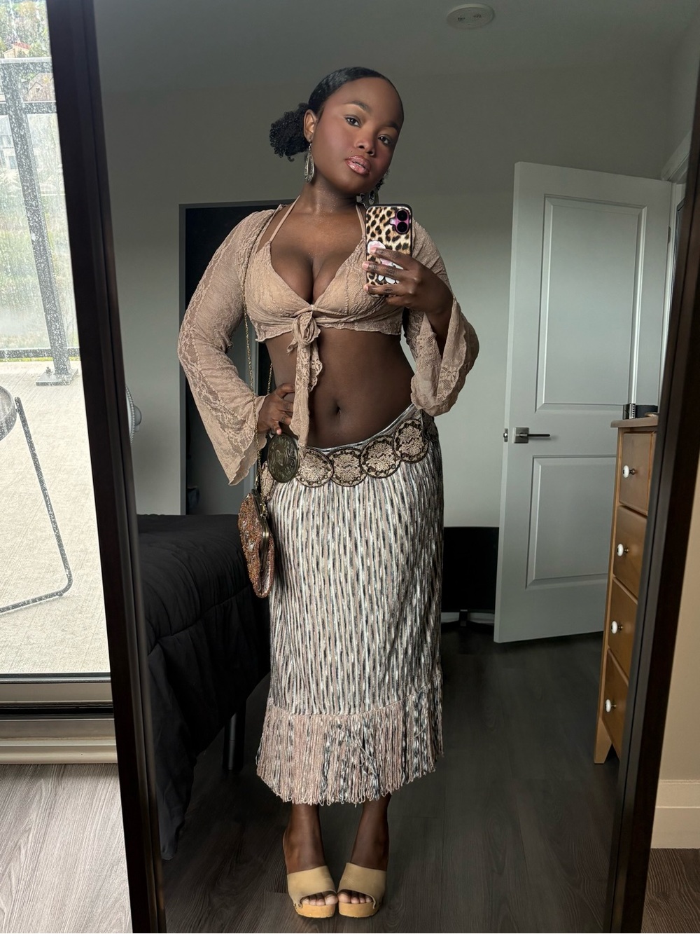 Cider Taupe Lace Tie-Front Crop Top